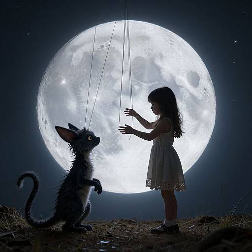Silhouetted girl in dress and curious cat play with strings against a bright full moon in a starry night sky.