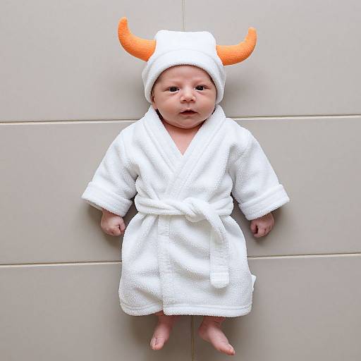 Photograph of a baby with pale skin, wearing a white terrycloth robe and orange horned hat, standing against a white tiled wall.