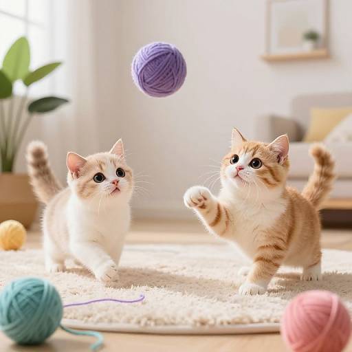 Photograph of two adorable, fluffy kittens with one white and one orange with stripes, playing with a floating purple yarn ball in a bright, sunlit