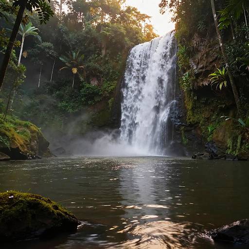Lush Tropical Waterfall at Golden Hour