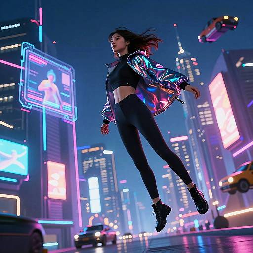 CGI image of a young woman with long black hair, wearing a shiny silver jacket and black crop top and pants, jumping in a vibrant, neon