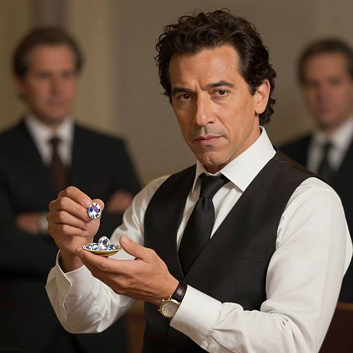 Photograph of a middle-aged, dark-haired man in a white shirt and black vest, holding a silver trophy, with two blurred men in suits in