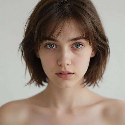 Photograph of a young, fair-skinned woman with short brown hair, blue eyes, and neutral expression, against a plain white background.
