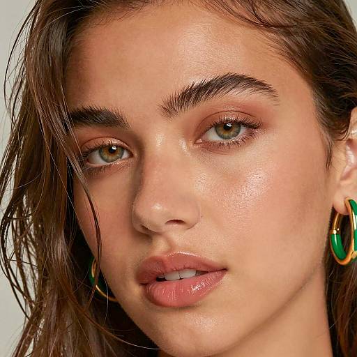 Close-up of young woman with glossy lips and green earrings