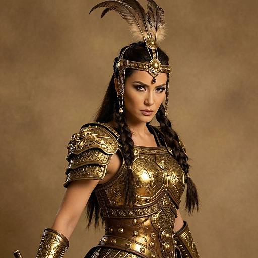 Photograph of a fierce, dark-haired woman in ornate, golden ancient warrior armor with feathered helmet, set against a brown textured background.