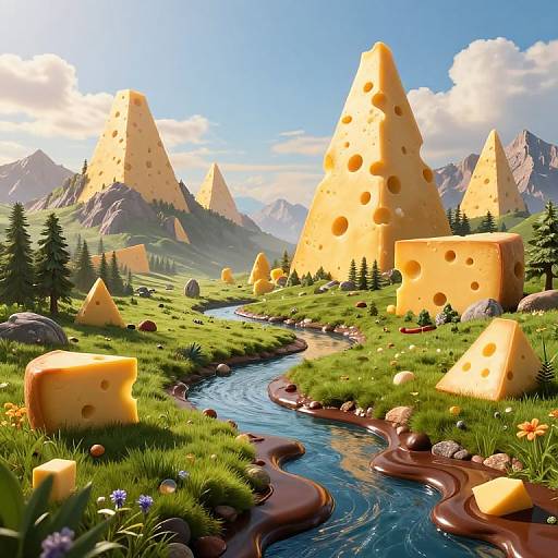 Whimsical CGI landscape featuring towering cheese mountains, a meandering chocolate river, lush greenery, and a clear blue sky. Bright, vibrant,