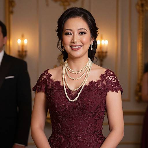 Photograph of an Asian woman with dark hair in an updo, wearing a maroon lace dress, layered pearl necklaces, and earrings, smiling