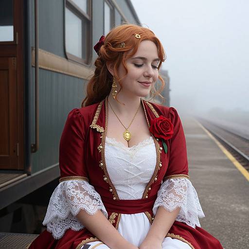 Photograph of a fair-skinned, red-haired woman with a rose in her hair, wearing a Victorian-style red and white dress, sitting on a