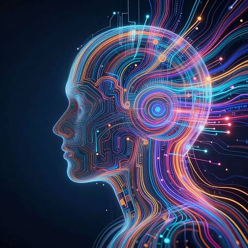 Digital art of a neon blue and pink human profile with intricate, glowing circuit lines and bright, colorful sparks on a dark background.