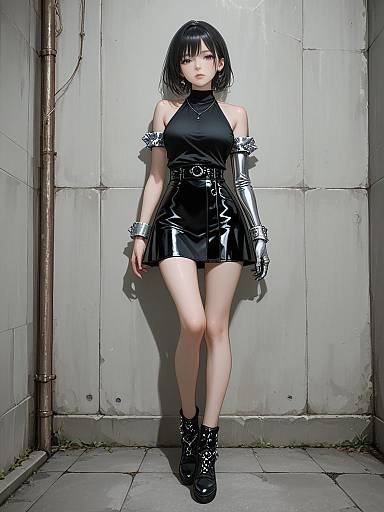 Digital anime-style drawing of a pale-skinned, black-haired woman in a black, glossy, high-waisted mini dress, silver arm cuffs,