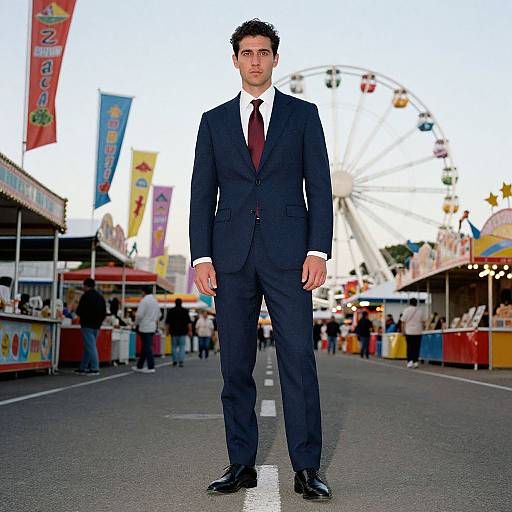 Photograph of a tall, handsome man in a dark navy suit, white shirt, and red tie, standing confidently on a fairground street with a
