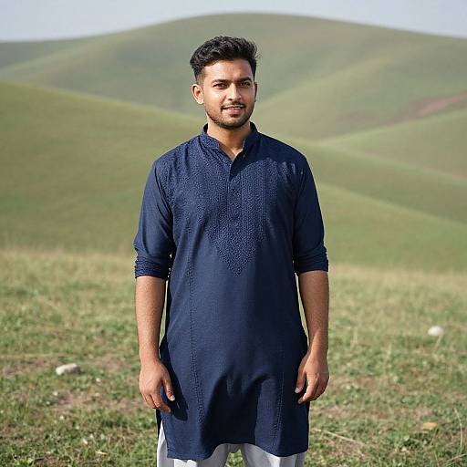 Man in Navy Blue Kurta in Pastures