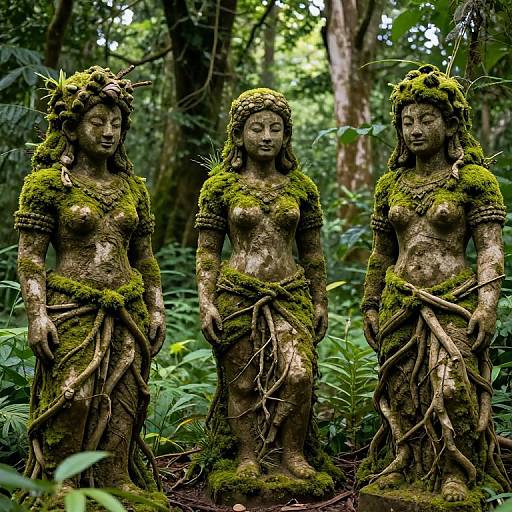 Photograph of three moss-covered, stone statues of topless, forest nymphs with vines as skirts, standing in a dense, green jungle.