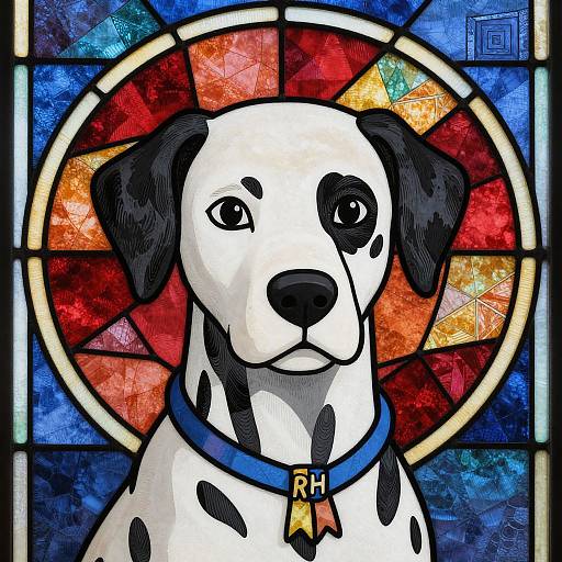 Stylized digital drawing of a Dalmatian with black spots, blue collar, and 