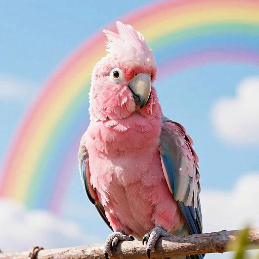Whimsical Pink Fluffy Parrot with Rainbow