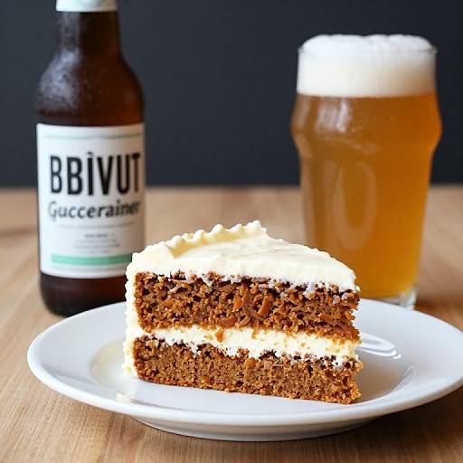 Photograph of a slice of carrot cake with cream frosting, beer bottle, and glass of beer on a wooden table.