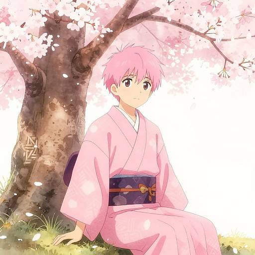 Anime-style drawing of a pink-haired boy in a pink kimono, sitting under a cherry blossom tree with petals falling.