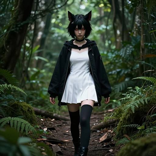 Digital anime-style photograph of a black-haired girl with cat ears, wearing a white dress, black jacket, thigh-high socks, and boots, walking through