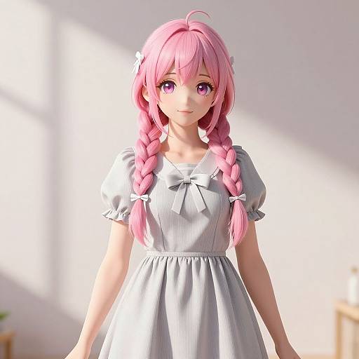 Digital anime-style drawing of a pink-haired girl with twin braids, wearing a white puffed-sleeve dress, standing in bright sunlight.