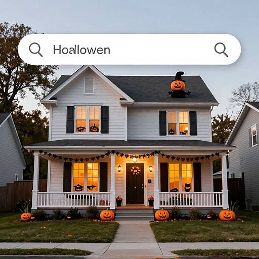 Photograph of a white two-story house at dusk, decorated for Halloween with jack-o'-lanterns, orange lights, and black shutters,