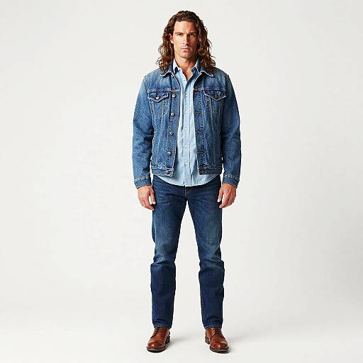 Photograph of a tall, muscular man with long brown hair, wearing a blue denim jacket, light blue shirt, dark jeans, and brown boots,