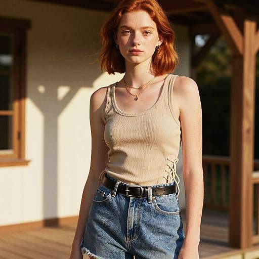 Photograph of a red-haired woman with fair skin, wearing a beige ribbed tank top and high-waisted blue jeans, standing on a sun