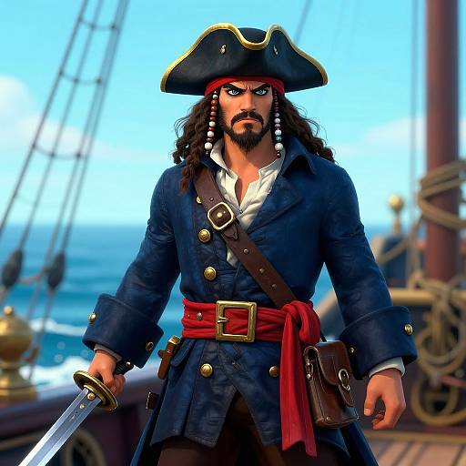 Digital illustration of a fierce pirate with long black hair, beard, and blue coat, holding a sword, on a ship.