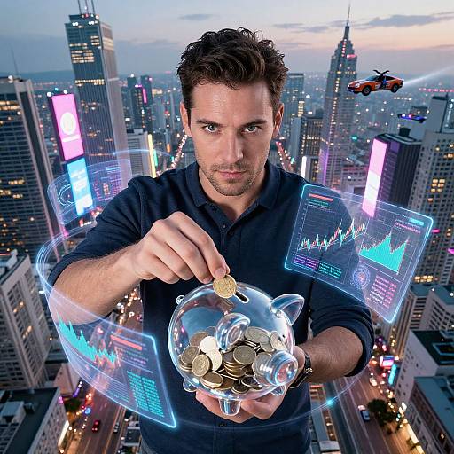 Digital illustration of a focused man with short brown hair, wearing a black shirt, holding a transparent piggy bank with coins, surrounded by financial graphs and