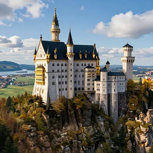 Photograph of Neuschwanstein Castle, a fairytale-style castle with tall spires, white stone, and black roofs, perched on