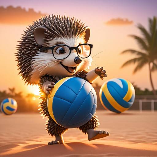 Hedgehog Playing Volleyball at Sunset