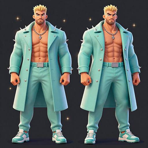 Digital Illustration of Muscular Blond Man in Turquoise Coat