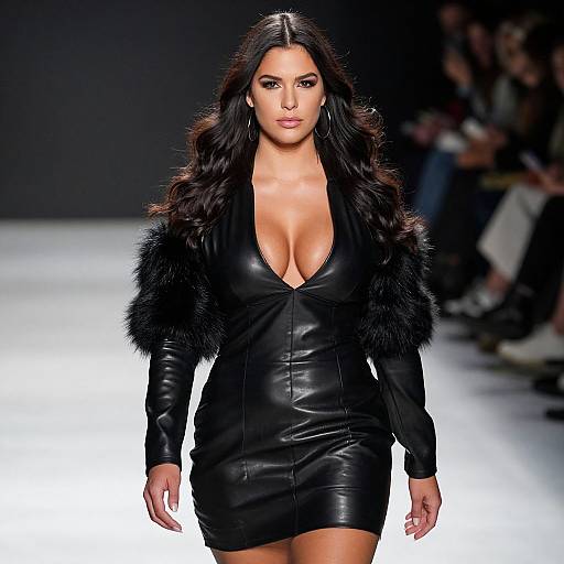 Photograph of a confident woman with long dark hair, wearing a deep V-neck black leather mini dress with black fur sleeves, walking down a brightly lit