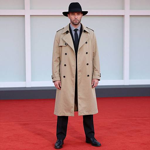 Photograph of a man in a black hat, beige trench coat, black tie, and black pants, standing on a red carpet. Bright, white