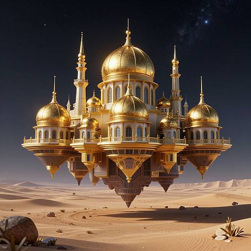 Photorealistic CGI of a golden, domed, floating palace with intricate arches and spires, illuminated against a starry night sky over a