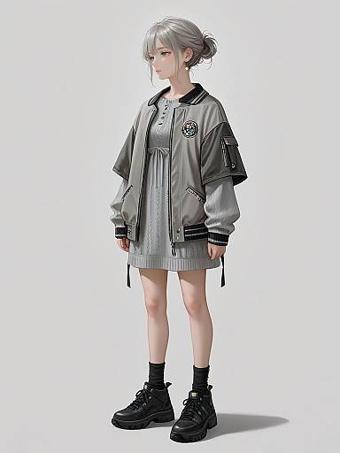 Woman in Grey Jersey Dress and Bomber