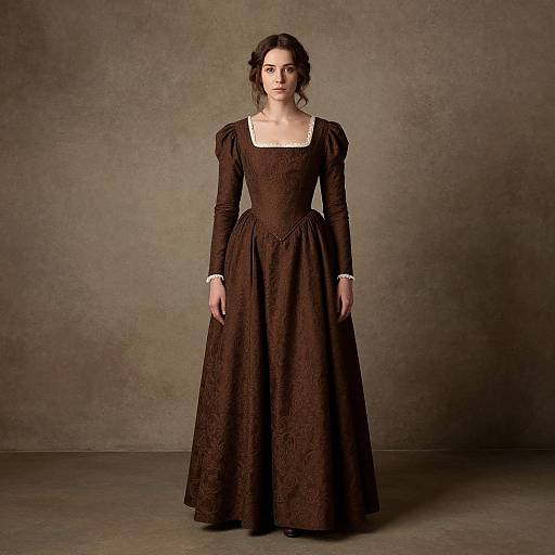 Photograph of a fair-skinned woman with dark wavy hair, wearing a Victorian-style, long-sleeved, brown lace gown with puffed