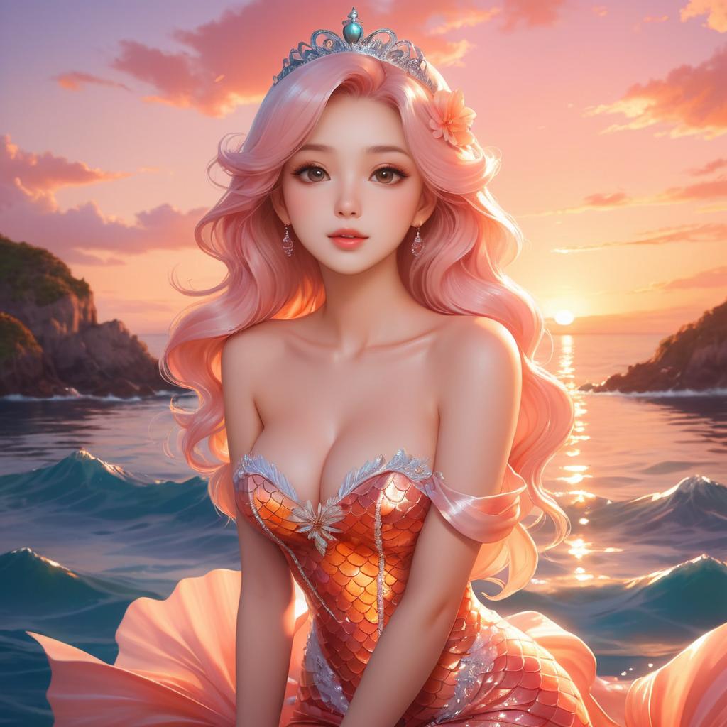 Whimsical Mermaid Princess at Sunset