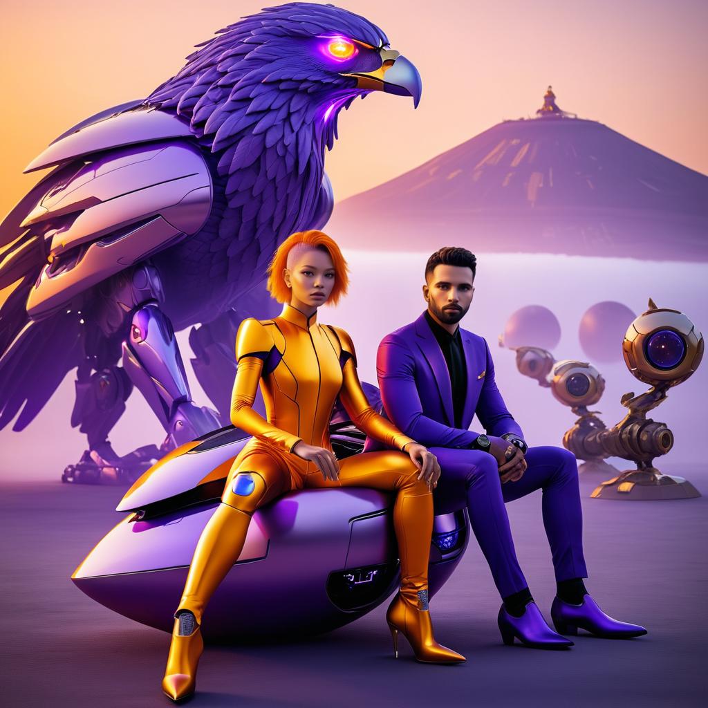 Futuristic Alien Couple with Robotic Eagle