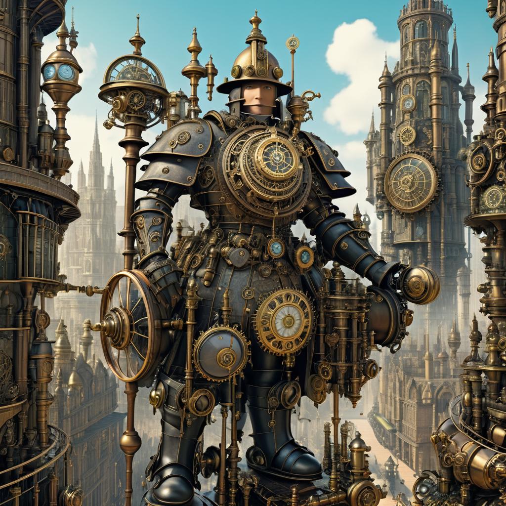 Intricate Steampunk Knight in Cityscape