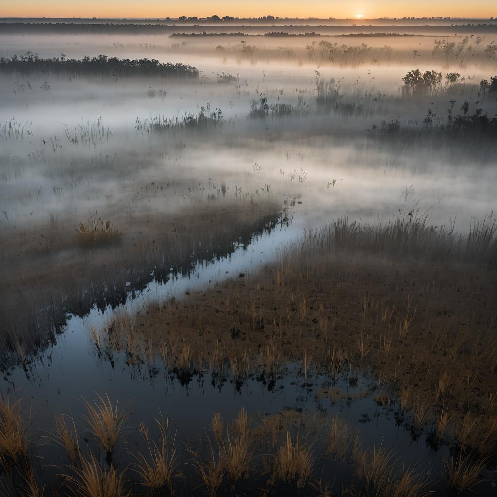 Aerial View of a Misty Bog Landscape