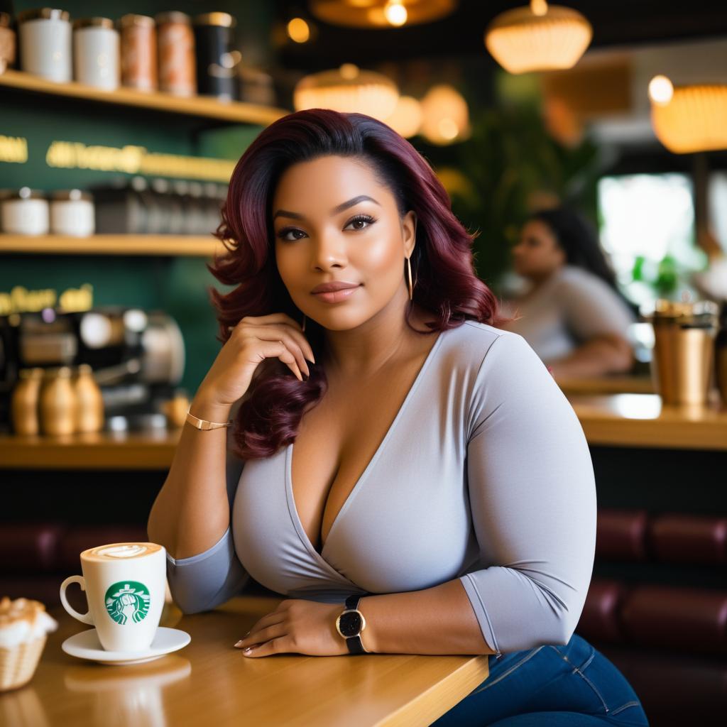 Curvy Woman in Cozy Coffee Shop