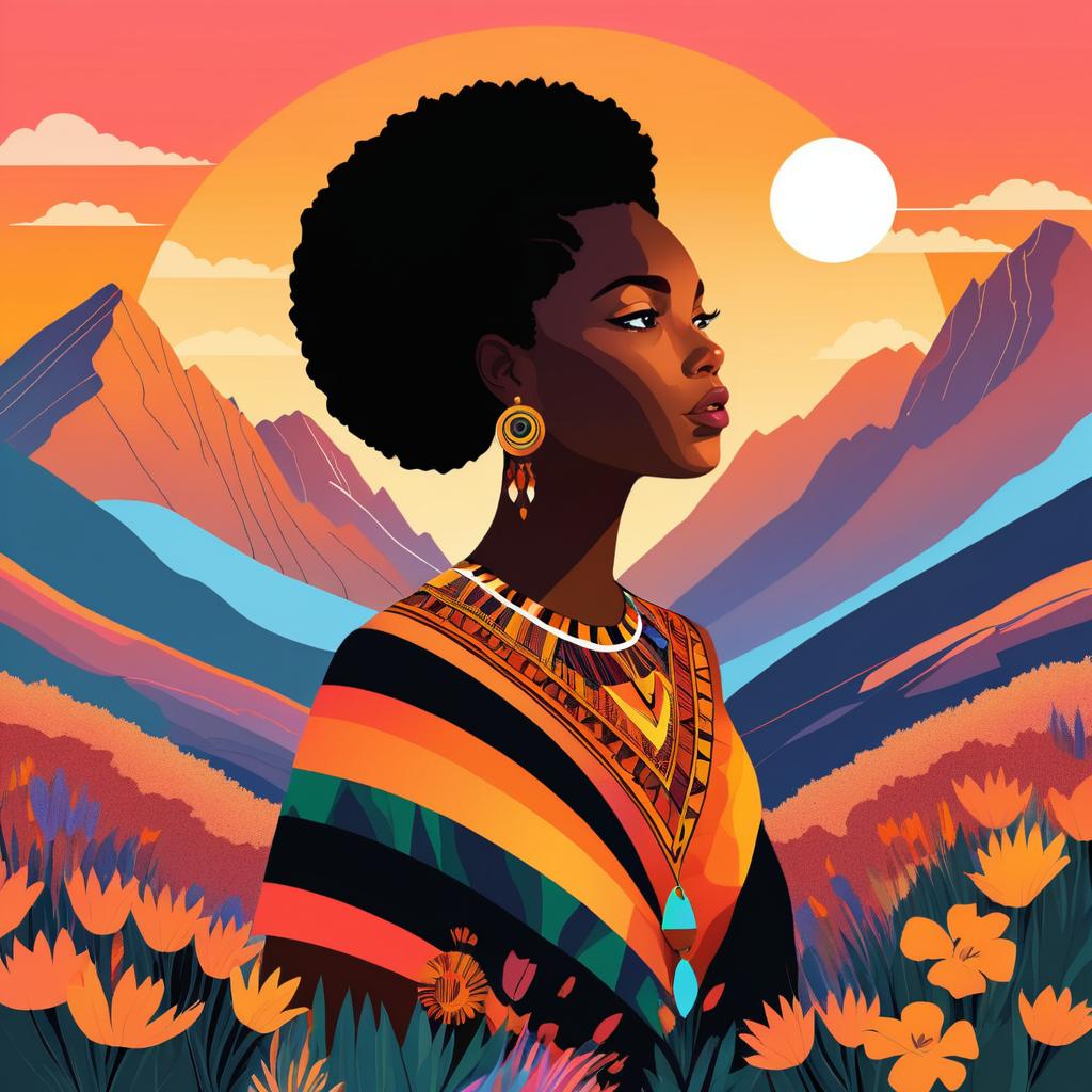 Serene Black Woman as Mountain at Sunset