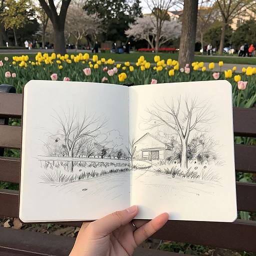 Photograph of a hand holding an open sketchbook with black ink drawings of a winter landscape, set against a backdrop of yellow and pink tulips in