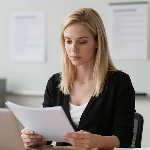 Focused Blonde Woman Reading Document