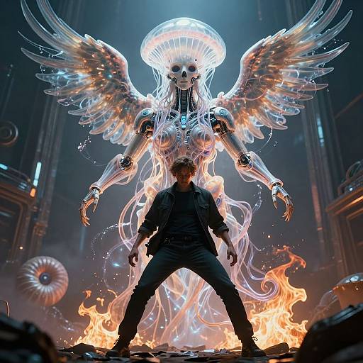 Digital artwork of a man standing before a glowing, ethereal, winged skeleton with fiery backdrop in a dark, futuristic cathedral.