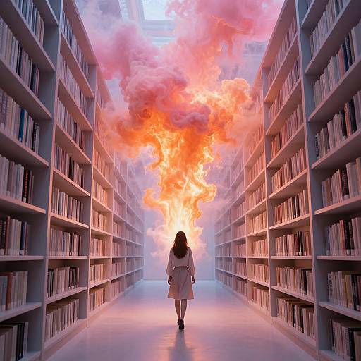 Digital artwork: Woman in white dress walks down library aisle, surrounded by towering bookshelves, with fiery, orange-red clouds above.