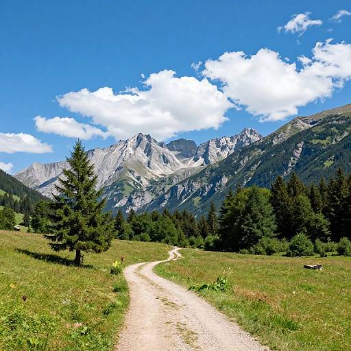 Photograph of a winding dirt path through a grassy meadow, leading to towering, rocky mountain peaks under a bright blue sky with fluffy white clouds