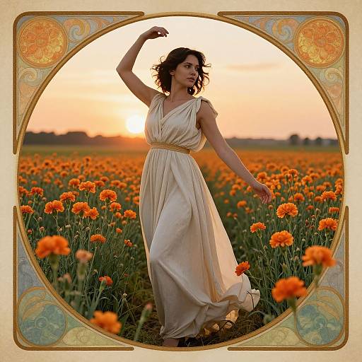 Photograph: Curly-haired woman in flowing white dress dances in vibrant orange poppy field at sunset, framed by ornate golden circle.