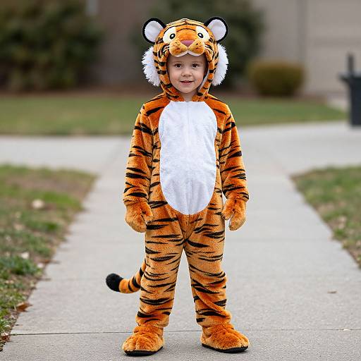 Photograph of a smiling young child in a tiger onesie with black stripes, white chest, and head ears, standing on a sidewalk.