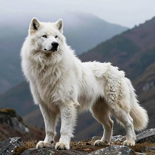 Photograph of a majestic white Arctic wolf standing on a rocky mountain ledge, with misty, forested mountains in the background.